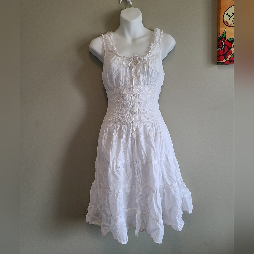 White Cotton Smocked Tiered Boho Mini Dress S